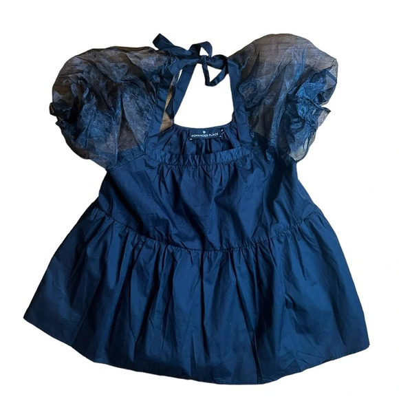 Pomander Place Tuckernuck Women's Black Tinsley Top Blouse Sheer Puff Sleeve XS - Picture 4 of 11